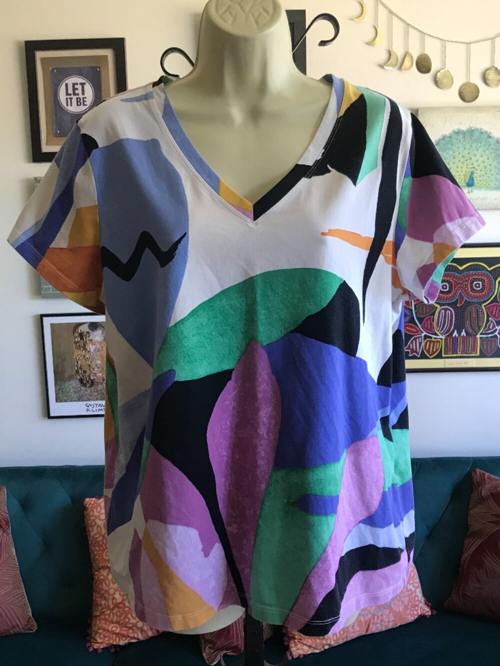 CHICO'S size 3 / XL Purple Nightshade Abstract Floral V‑Neck Short Sleeve Tee